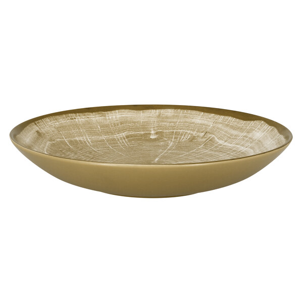 A close up of a RAK Porcelain Moss Green Woodart deep coupe plate with a brown and white design.