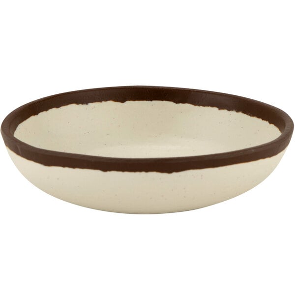 A white melamine bowl with a brown rim.