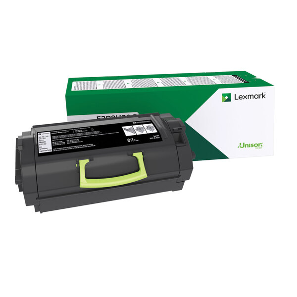 A Lexmark black and green toner cartridge.