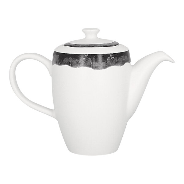 A white porcelain coffee pot with a gray beech wood-inspired band near the top and a matching lid.