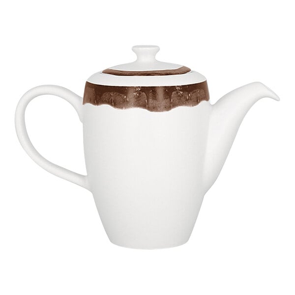 A white porcelain coffee pot with a brown band design near the top and a matching lid.