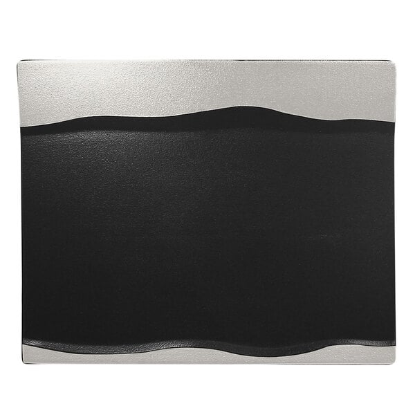 A black and silver RAK Porcelain rectangular platter with a wave design.