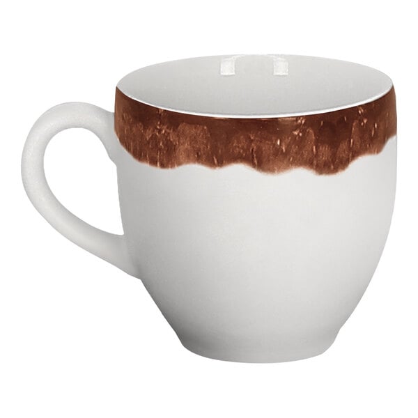 A small white porcelain espresso cup with a walnut brown decorative band near the rim.