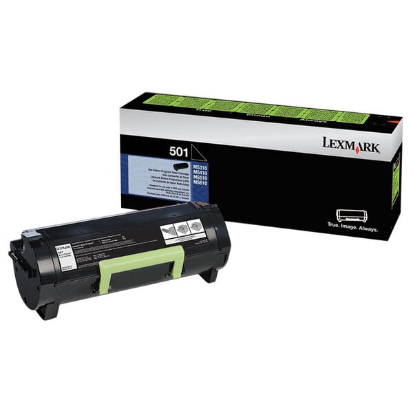 A black and green Lexmark printer toner cartridge.