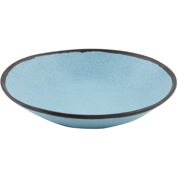 a blue bowl with black rim