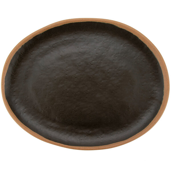 A black and brown GET Matte Brown Melamine Platter with a brown rim.