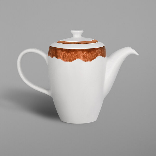 A white porcelain teapot with a brown rim and lid.