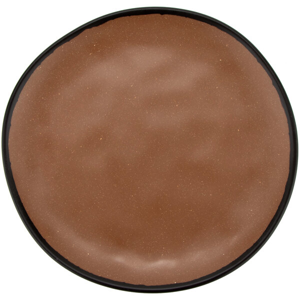 A matte speckled brown melamine coupe dinner plate with a black rim.