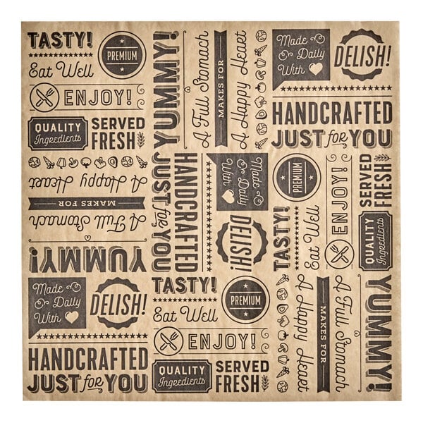 Brown deli wrap paper with black typography reading "Typography" in various fonts.
