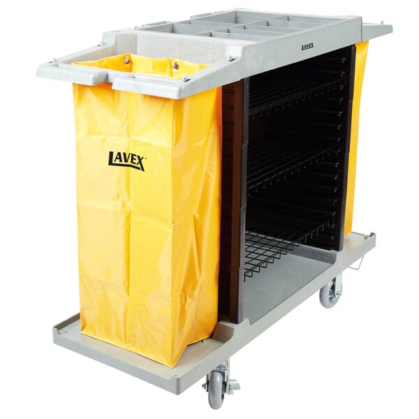 A Lavex Hotel housekeeping cart with a yellow bag.