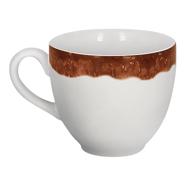 A white porcelain coffee cup with a brown timber-like band around the rim.