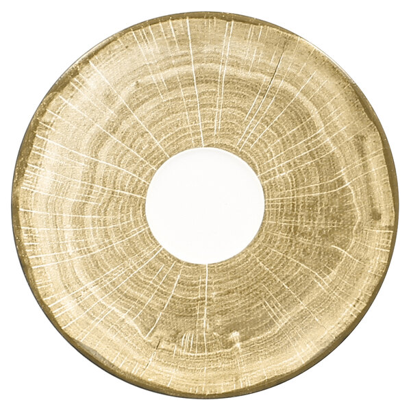 A moss green porcelain saucer with a circular design in the middle.