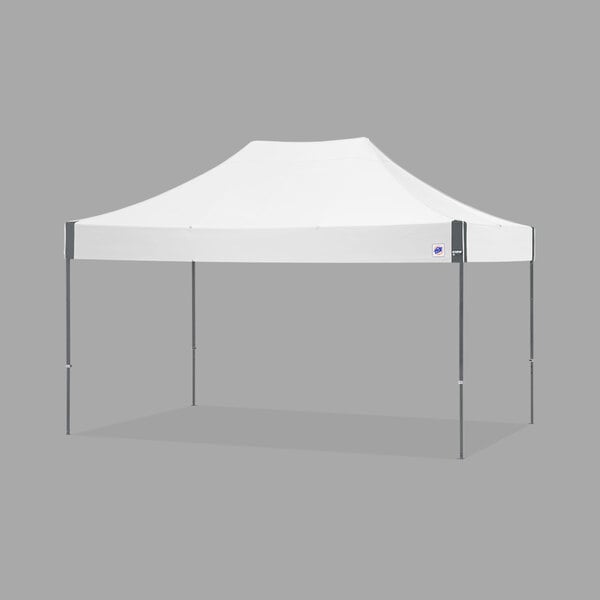 A white E-Z Up canopy with a steel gray frame.