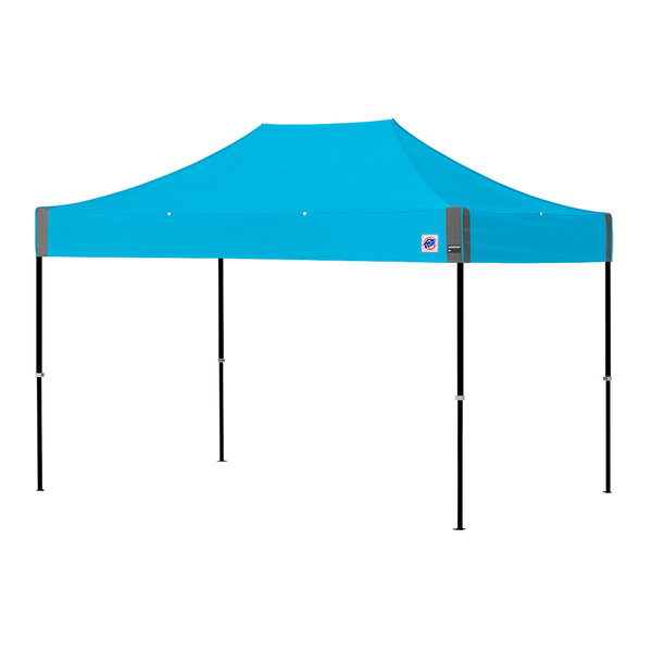 A blue tent with black poles.