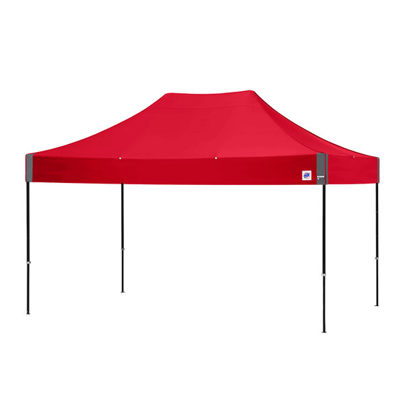 A red tent with black poles.