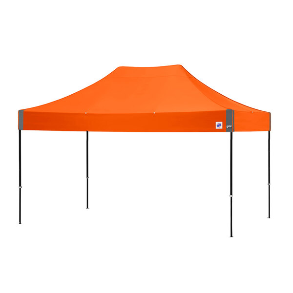 An orange tent with black poles.