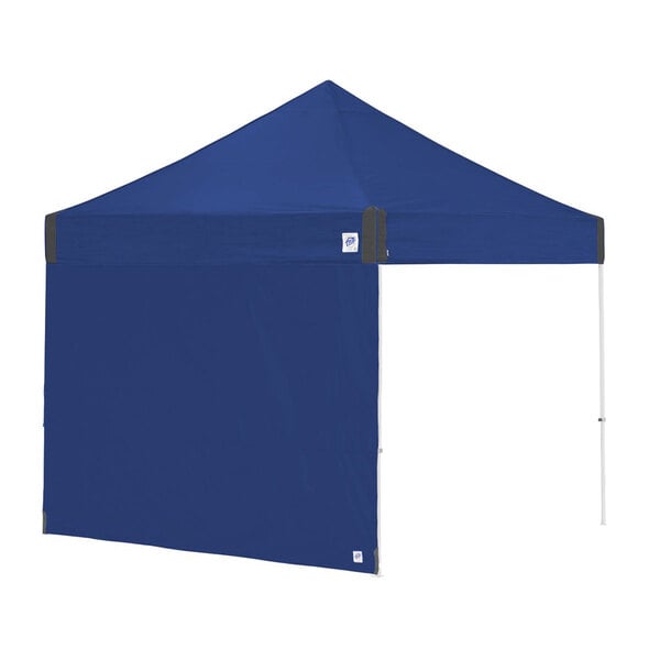 A blue tent with a white side panel.