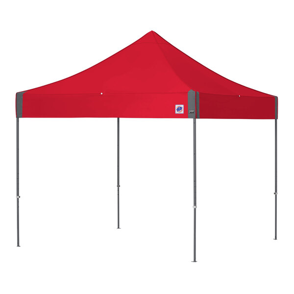 A red E-Z Up canopy with steel gray poles and a logo on the top.