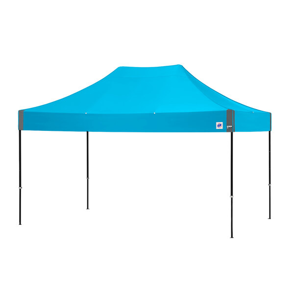 A blue tent with black poles on a white background.