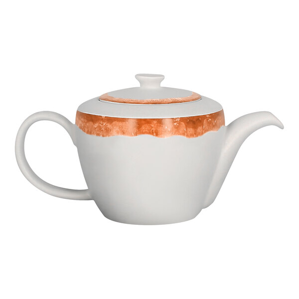 A white porcelain teapot with a cedar orange band around the top and a matching lid.