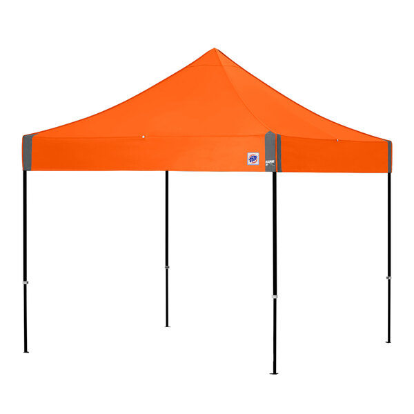 An orange E-Z Up canopy with black steel poles.