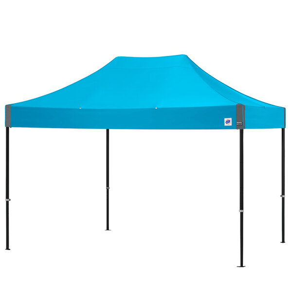 A blue tent with black poles.