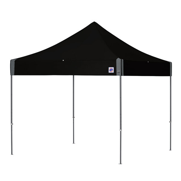 A black E-Z Up canopy with steel gray poles on a white background.