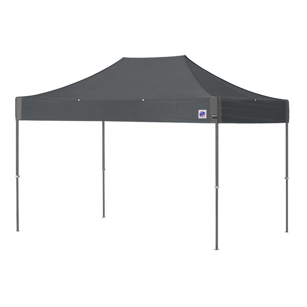 A steel gray E-Z Up canopy tent with poles.
