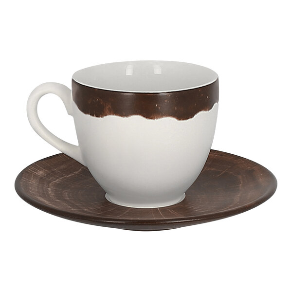 A porcelain coffee cup saucer with an oak brown wood-like design.