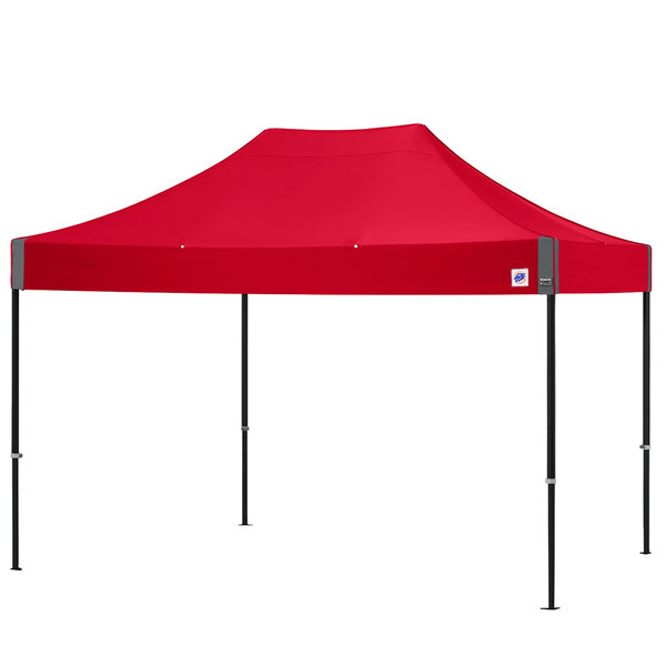 A red tent with black poles.