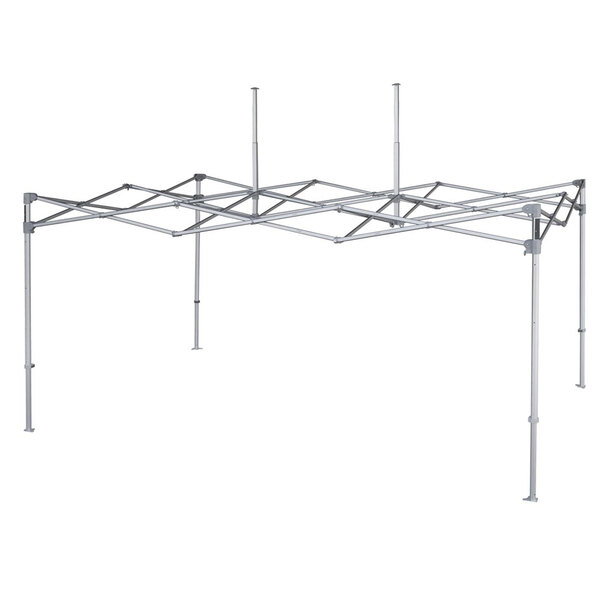 A white metal E-Z Up canopy with multiple poles.