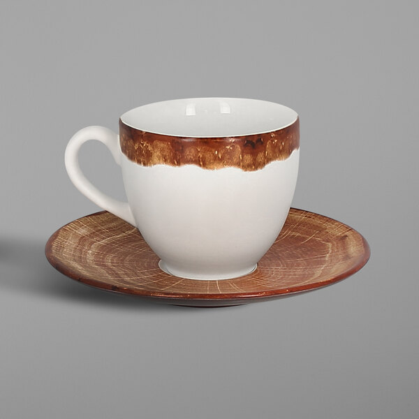 A white porcelain saucer with a timber brown design.