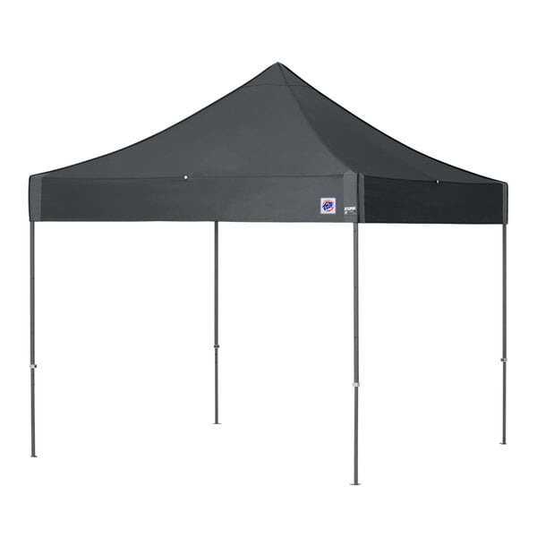 A black E-Z Up canopy with two steel gray poles on a white background.