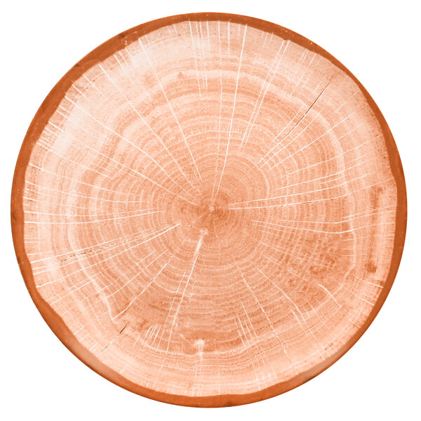 A RAK Porcelain Woodart cedar orange porcelain coupe plate with a tree trunk design.