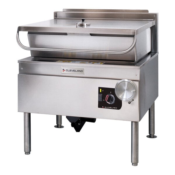 A large stainless steel electric tilt skillet with a closed lid, designed for commercial kitchen use.