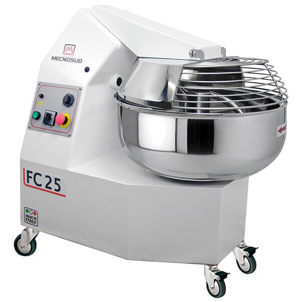 A white Mecnosud single speed fork dough mixer with a bowl on top.