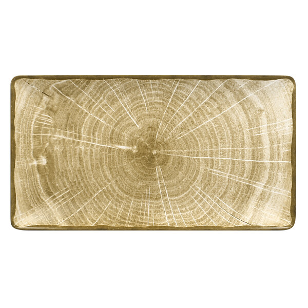 A rectangular moss green porcelain serving platter with a tree trunk pattern.