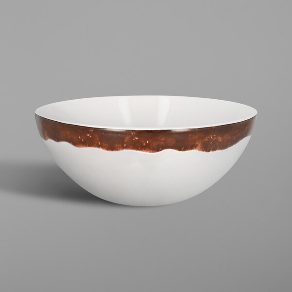 A white porcelain bowl with a brown rim.