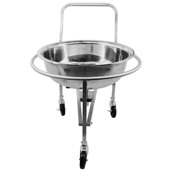 An Omcan stainless steel mobile mixing bowl stand with a large metal bowl on a cart.