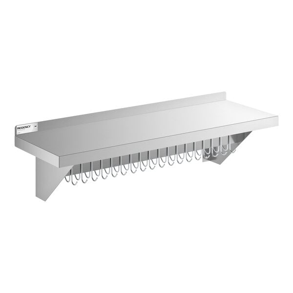 Regency 12" x 36" Stainless Steel Wall Mounted Pot Rack with Shelf and 18 Galvanized Hooks