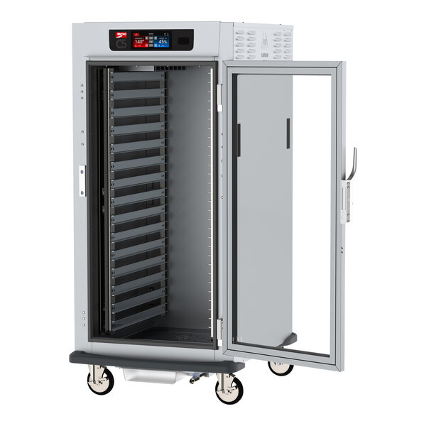 A large metal Metro C5 heated holding and proofing cabinet with a clear glass door.