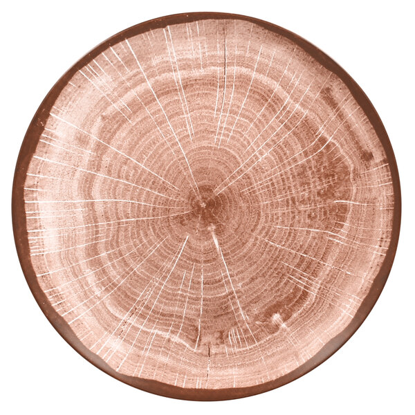 A RAK Porcelain walnut brown porcelain coupe plate with a wood pattern.