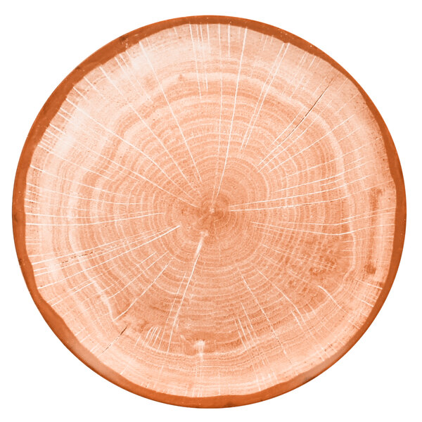 A RAK Porcelain Woodart cedar orange porcelain coupe plate with a tree trunk pattern.