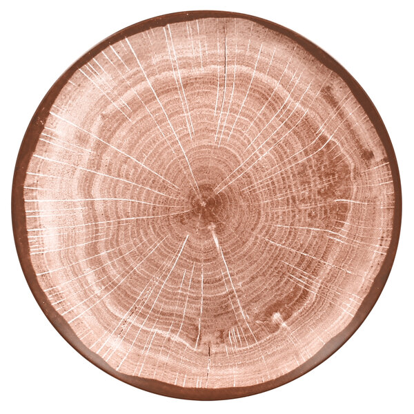 A RAK Porcelain walnut brown porcelain coupe plate with a wood design.