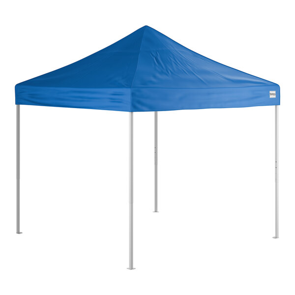 A blue 10-foot by 10-foot straight leg pop-up canopy tent with a steel frame.