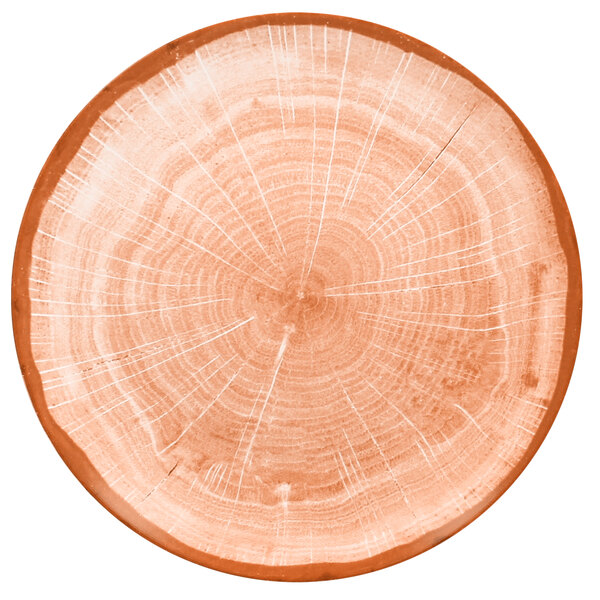 A close up of a RAK Porcelain Woodart Cedar Orange coupe plate with a white background.