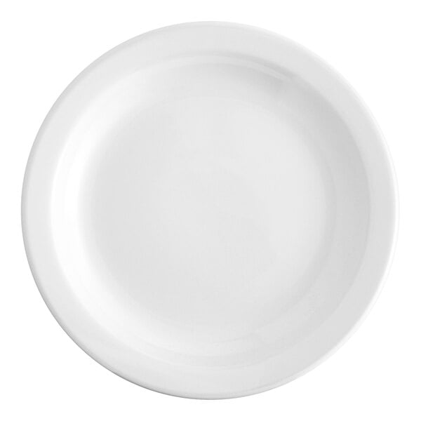 An Acopa bright white stoneware plate with a narrow white rim.