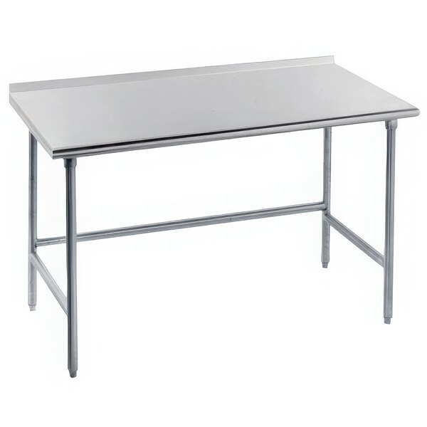 An Advance Tabco stainless steel work table with legs.