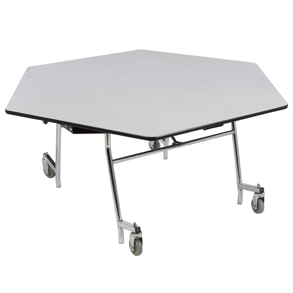 A white hexagonal table top with metal edges on a white table with black legs.