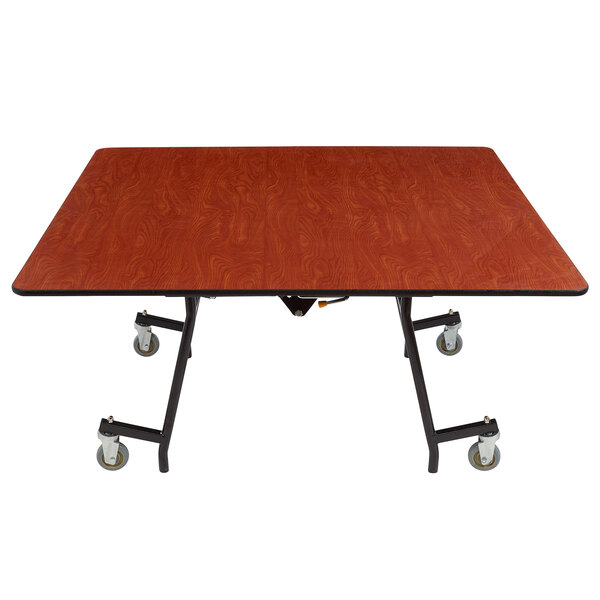 A National Public Seating square plywood cafeteria table with T-mold edge and chrome frame.